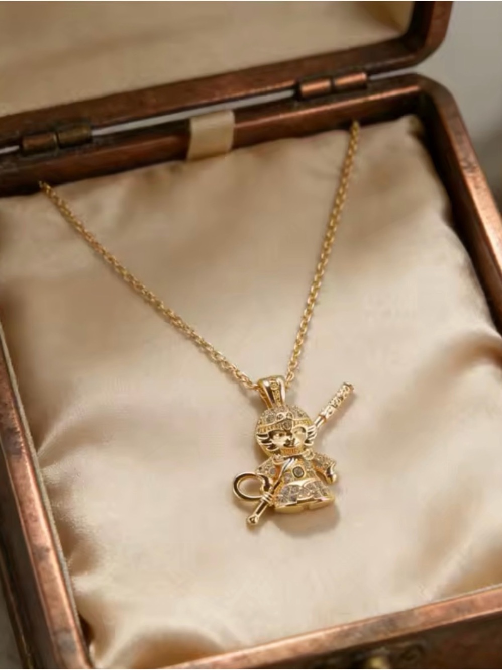 18K Gold Monkey King w/ Staff Micro Pave Diamond Inlay Necklace Mythology Legend - Picture 5 of 13